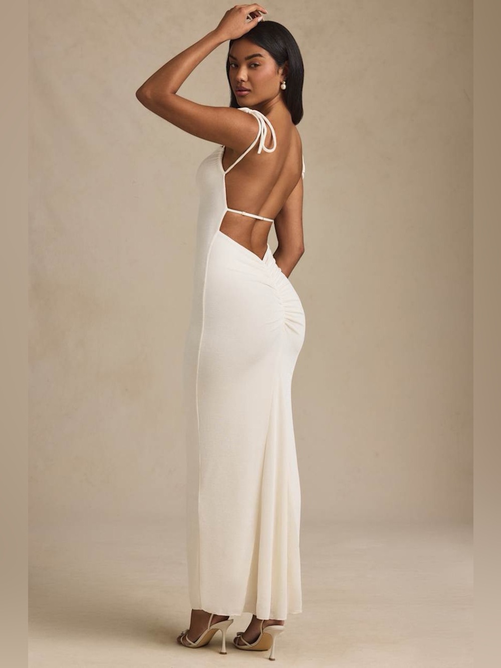 Oh Polly Noelia Textured Jersey Backless Maxi Dress in Ivory